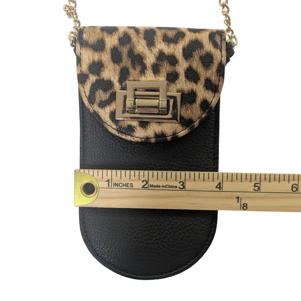 Chic Leopard Flap Mini Crossbody Phone Bag Black Faux Leather Gold Hardware